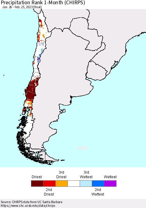 Chile Precipitation Rank 1-Month (CHIRPS) Thematic Map For 1/26/2023 - 2/25/2023
