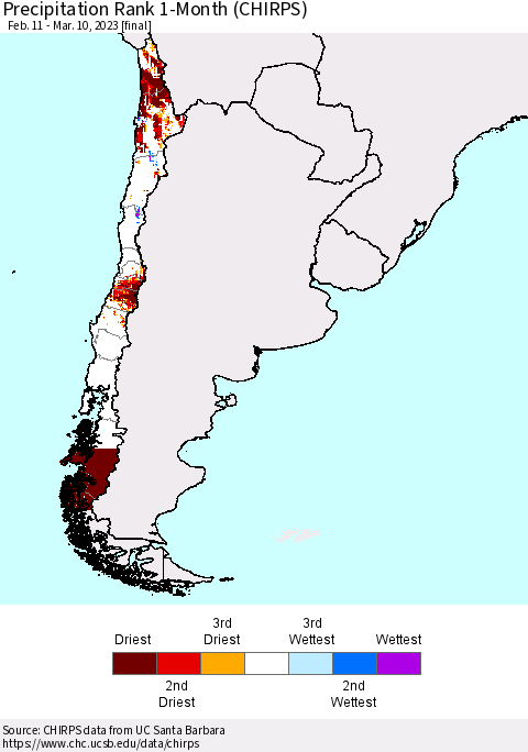 Chile Precipitation Rank since 1981, 1-Month (CHIRPS) Thematic Map For 2/11/2023 - 3/10/2023