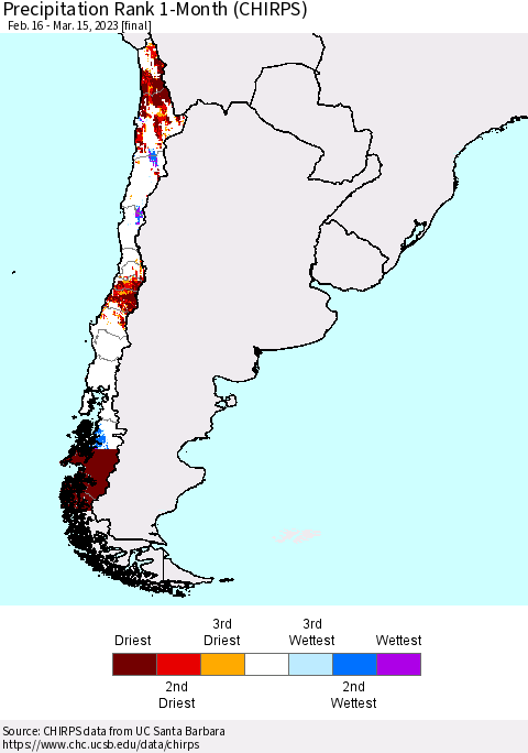 Chile Precipitation Rank since 1981, 1-Month (CHIRPS) Thematic Map For 2/16/2023 - 3/15/2023