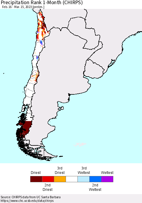 Chile Precipitation Rank 1-Month (CHIRPS) Thematic Map For 2/16/2023 - 3/15/2023