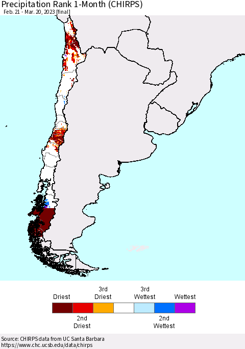 Chile Precipitation Rank since 1981, 1-Month (CHIRPS) Thematic Map For 2/21/2023 - 3/20/2023