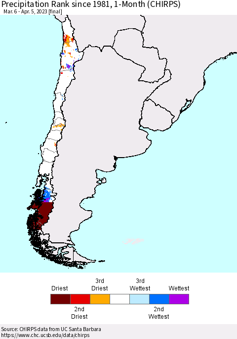 Chile Precipitation Rank since 1981, 1-Month (CHIRPS) Thematic Map For 3/6/2023 - 4/5/2023