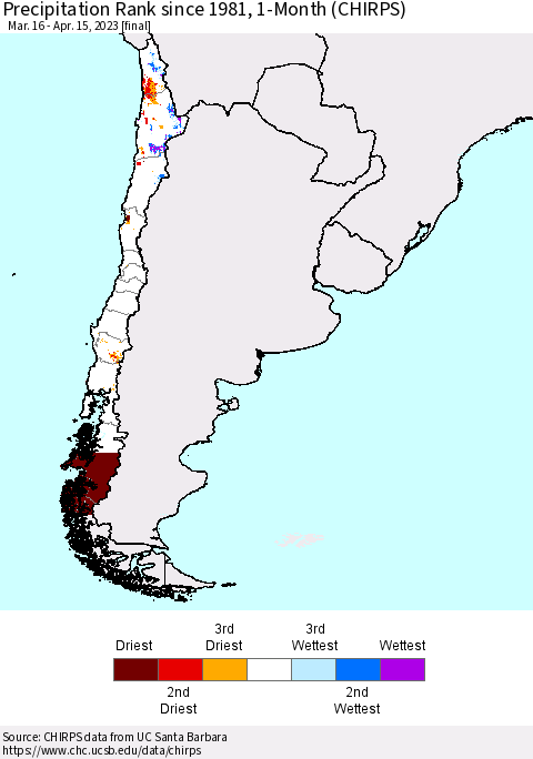 Chile Precipitation Rank since 1981, 1-Month (CHIRPS) Thematic Map For 3/16/2023 - 4/15/2023