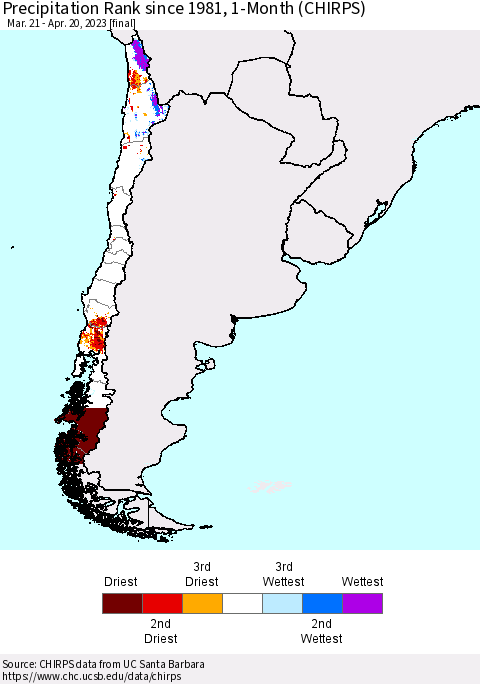 Chile Precipitation Rank since 1981, 1-Month (CHIRPS) Thematic Map For 3/21/2023 - 4/20/2023