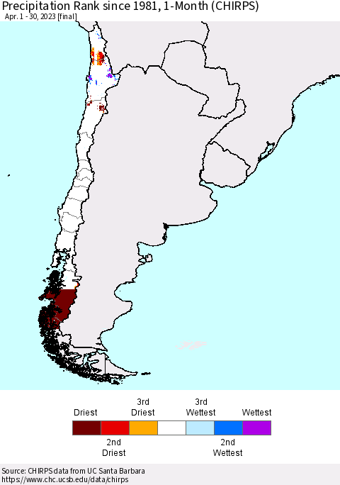 Chile Precipitation Rank since 1981, 1-Month (CHIRPS) Thematic Map For 4/1/2023 - 4/30/2023
