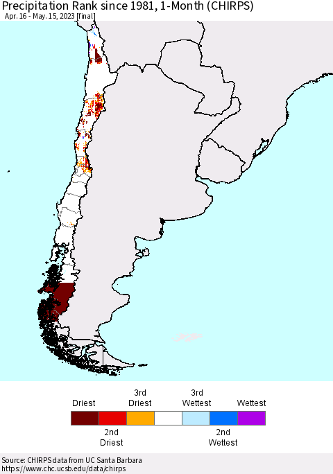 Chile Precipitation Rank since 1981, 1-Month (CHIRPS) Thematic Map For 4/16/2023 - 5/15/2023