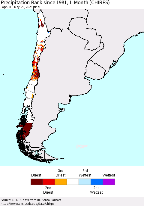 Chile Precipitation Rank since 1981, 1-Month (CHIRPS) Thematic Map For 4/21/2023 - 5/20/2023