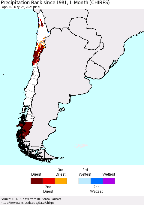 Chile Precipitation Rank since 1981, 1-Month (CHIRPS) Thematic Map For 4/26/2023 - 5/25/2023