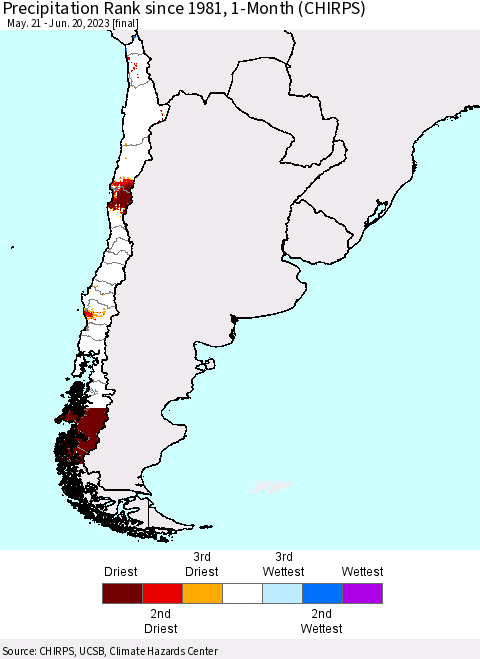 Chile Precipitation Rank since 1981, 1-Month (CHIRPS) Thematic Map For 5/21/2023 - 6/20/2023