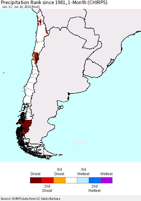Chile Precipitation Rank since 1981, 1-Month (CHIRPS) Thematic Map For 6/11/2023 - 7/10/2023