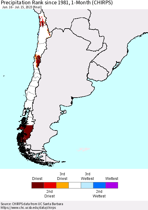 Chile Precipitation Rank since 1981, 1-Month (CHIRPS) Thematic Map For 6/16/2023 - 7/15/2023