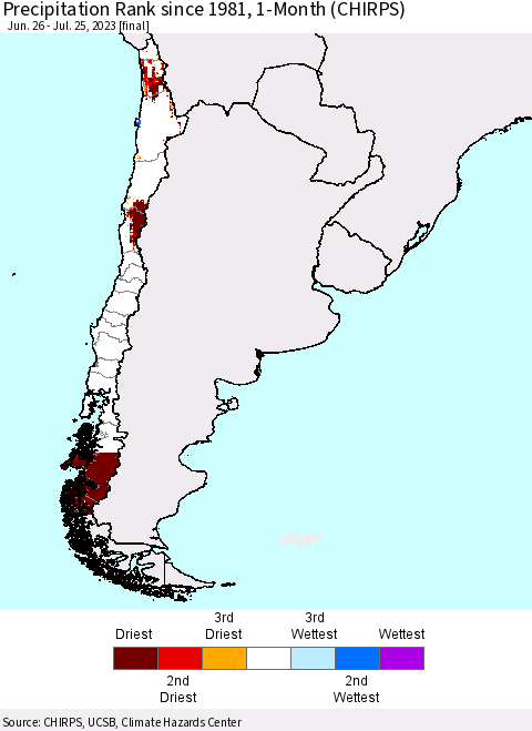 Chile Precipitation Rank since 1981, 1-Month (CHIRPS) Thematic Map For 6/26/2023 - 7/25/2023