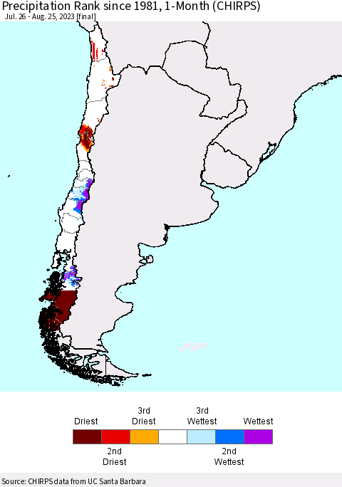 Chile Precipitation Rank since 1981, 1-Month (CHIRPS) Thematic Map For 7/26/2023 - 8/25/2023