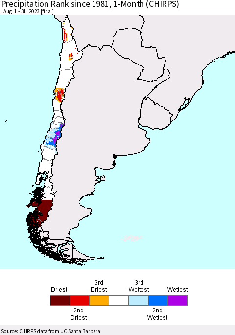 Chile Precipitation Rank since 1981, 1-Month (CHIRPS) Thematic Map For 8/1/2023 - 8/31/2023