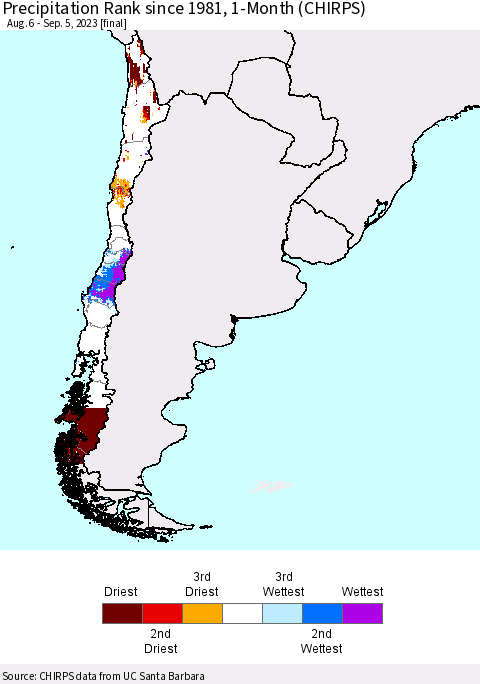 Chile Precipitation Rank since 1981, 1-Month (CHIRPS) Thematic Map For 8/6/2023 - 9/5/2023