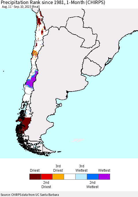 Chile Precipitation Rank since 1981, 1-Month (CHIRPS) Thematic Map For 8/11/2023 - 9/10/2023