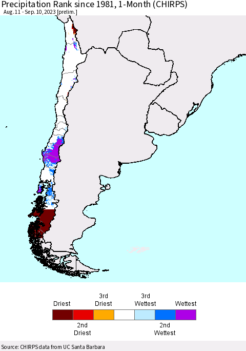Chile Precipitation Rank since 1981, 1-Month (CHIRPS) Thematic Map For 8/11/2023 - 9/10/2023