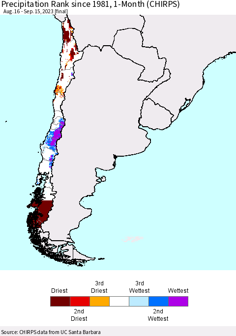 Chile Precipitation Rank since 1981, 1-Month (CHIRPS) Thematic Map For 8/16/2023 - 9/15/2023