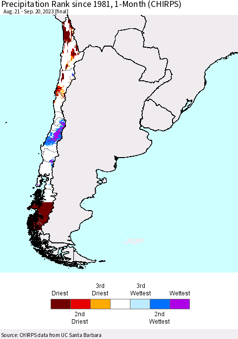 Chile Precipitation Rank since 1981, 1-Month (CHIRPS) Thematic Map For 8/21/2023 - 9/20/2023