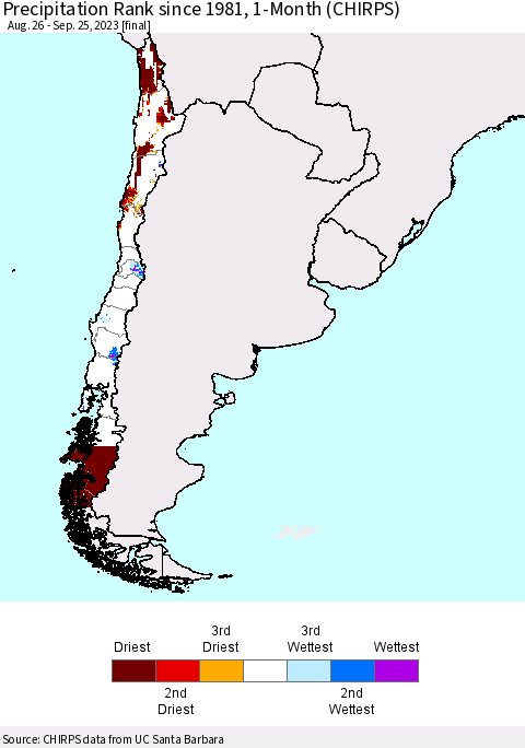 Chile Precipitation Rank since 1981, 1-Month (CHIRPS) Thematic Map For 8/26/2023 - 9/25/2023