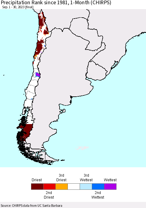 Chile Precipitation Rank since 1981, 1-Month (CHIRPS) Thematic Map For 9/1/2023 - 9/30/2023