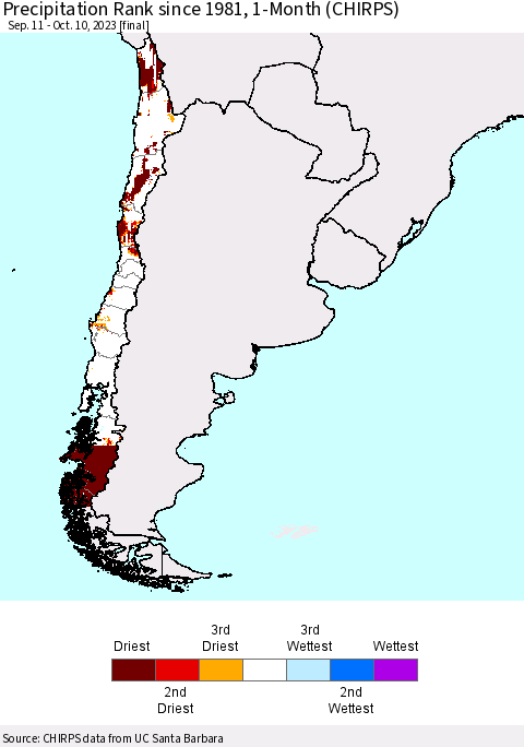 Chile Precipitation Rank since 1981, 1-Month (CHIRPS) Thematic Map For 9/11/2023 - 10/10/2023