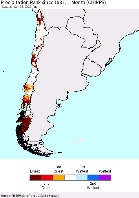 Chile Precipitation Rank since 1981, 1-Month (CHIRPS) Thematic Map For 9/16/2023 - 10/15/2023