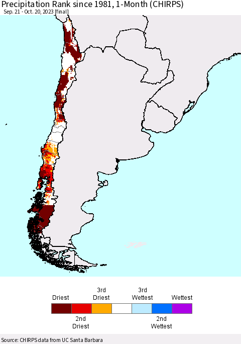 Chile Precipitation Rank since 1981, 1-Month (CHIRPS) Thematic Map For 9/21/2023 - 10/20/2023