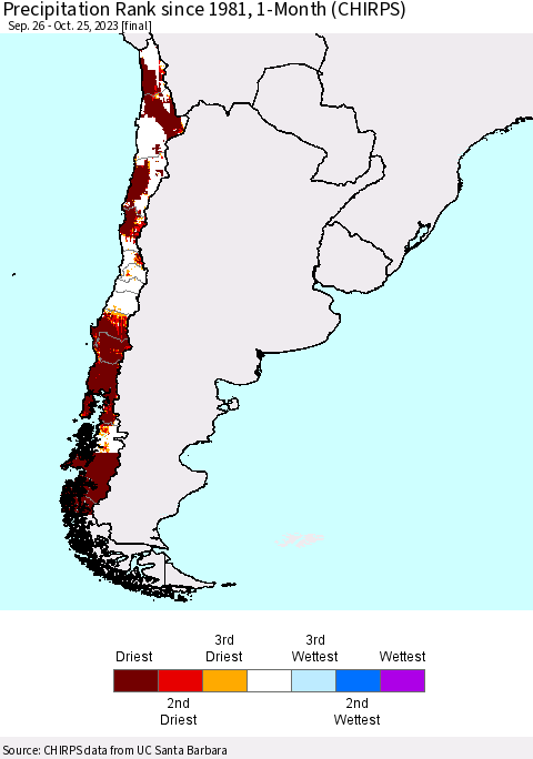 Chile Precipitation Rank since 1981, 1-Month (CHIRPS) Thematic Map For 9/26/2023 - 10/25/2023