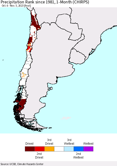 Chile Precipitation Rank since 1981, 1-Month (CHIRPS) Thematic Map For 10/6/2023 - 11/5/2023