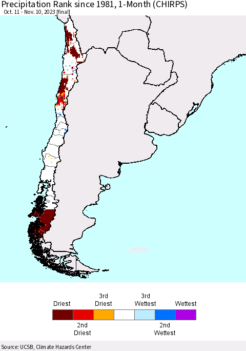 Chile Precipitation Rank since 1981, 1-Month (CHIRPS) Thematic Map For 10/11/2023 - 11/10/2023