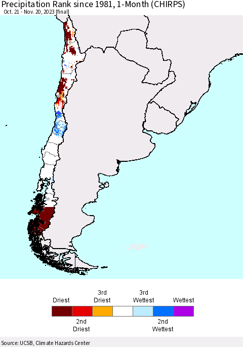 Chile Precipitation Rank since 1981, 1-Month (CHIRPS) Thematic Map For 10/21/2023 - 11/20/2023
