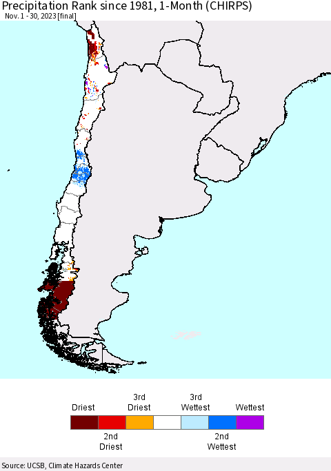 Chile Precipitation Rank since 1981, 1-Month (CHIRPS) Thematic Map For 11/1/2023 - 11/30/2023