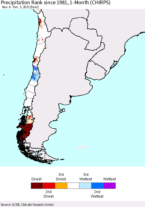 Chile Precipitation Rank since 1981, 1-Month (CHIRPS) Thematic Map For 11/6/2023 - 12/5/2023