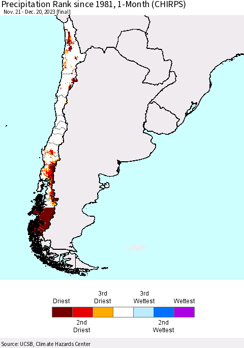 Chile Precipitation Rank since 1981, 1-Month (CHIRPS) Thematic Map For 11/21/2023 - 12/20/2023