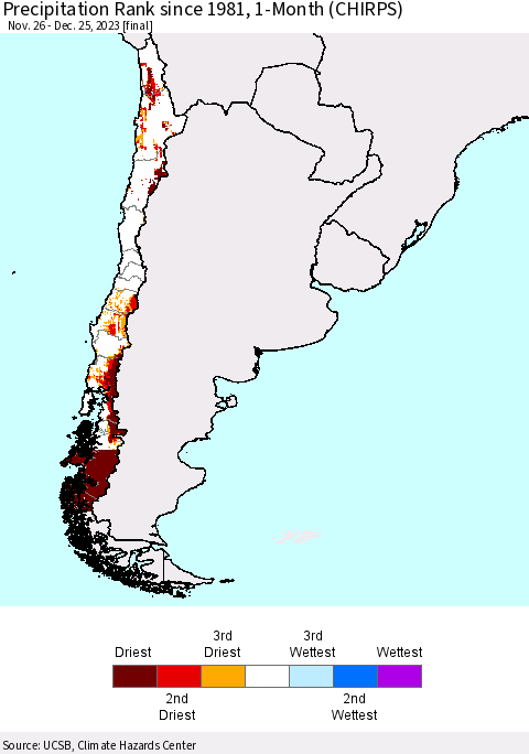 Chile Precipitation Rank since 1981, 1-Month (CHIRPS) Thematic Map For 11/26/2023 - 12/25/2023