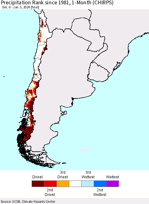 Chile Precipitation Rank since 1981, 1-Month (CHIRPS) Thematic Map For 12/6/2023 - 1/5/2024