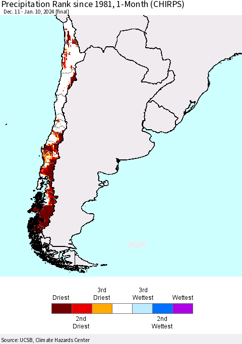 Chile Precipitation Rank since 1981, 1-Month (CHIRPS) Thematic Map For 12/11/2023 - 1/10/2024