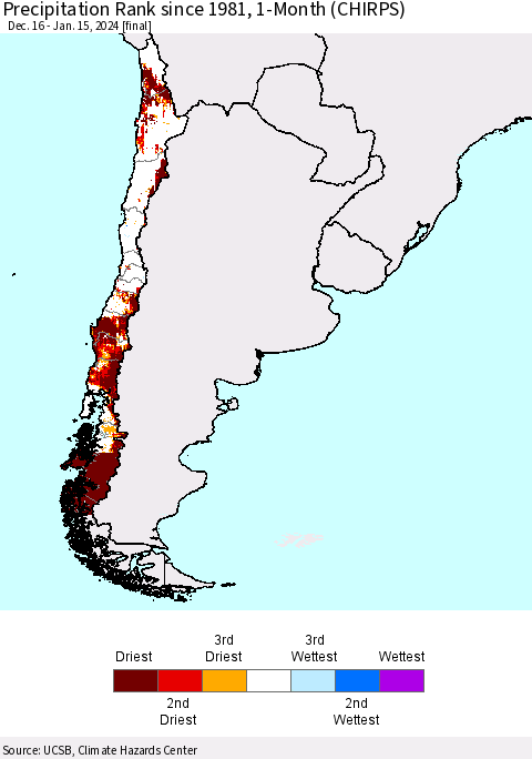 Chile Precipitation Rank since 1981, 1-Month (CHIRPS) Thematic Map For 12/16/2023 - 1/15/2024
