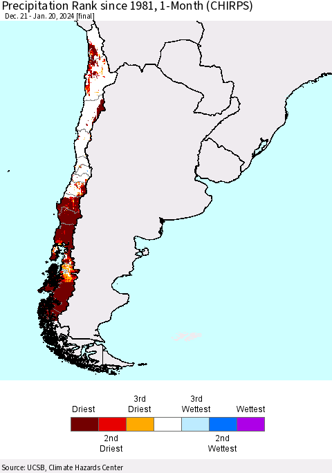 Chile Precipitation Rank since 1981, 1-Month (CHIRPS) Thematic Map For 12/21/2023 - 1/20/2024