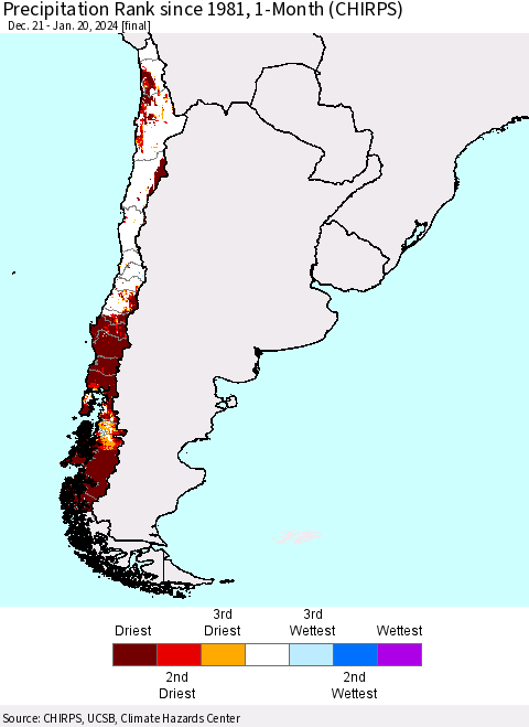 Chile Precipitation Rank since 1981, 1-Month (CHIRPS) Thematic Map For 12/21/2023 - 1/20/2024