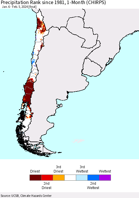 Chile Precipitation Rank since 1981, 1-Month (CHIRPS) Thematic Map For 1/6/2024 - 2/5/2024