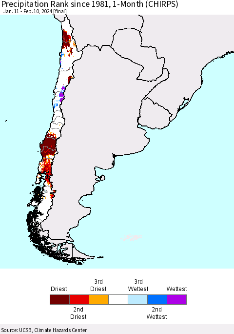 Chile Precipitation Rank since 1981, 1-Month (CHIRPS) Thematic Map For 1/11/2024 - 2/10/2024