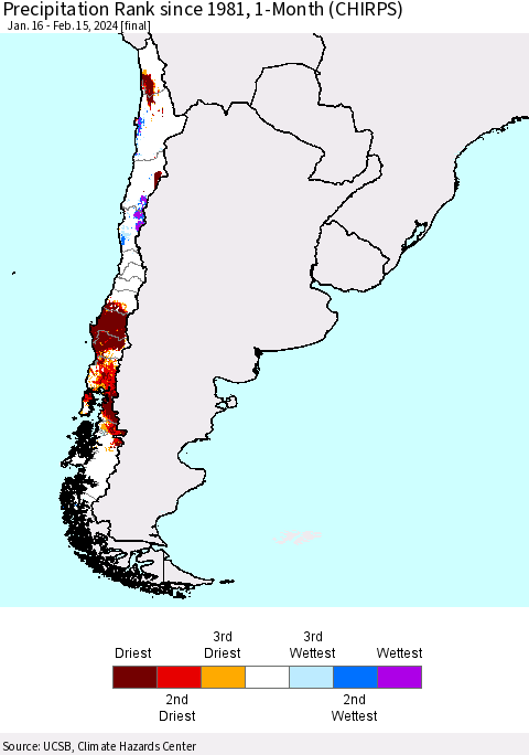 Chile Precipitation Rank since 1981, 1-Month (CHIRPS) Thematic Map For 1/16/2024 - 2/15/2024
