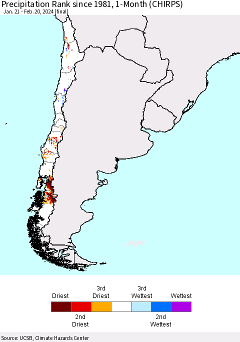Chile Precipitation Rank since 1981, 1-Month (CHIRPS) Thematic Map For 1/21/2024 - 2/20/2024
