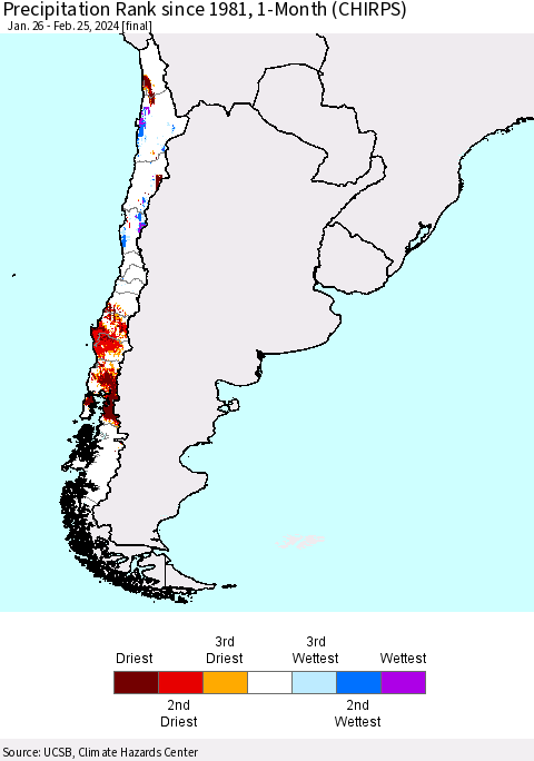 Chile Precipitation Rank since 1981, 1-Month (CHIRPS) Thematic Map For 1/26/2024 - 2/25/2024