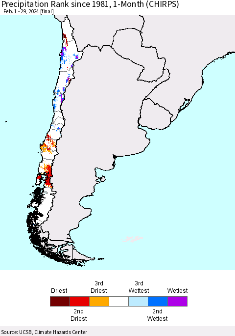 Chile Precipitation Rank since 1981, 1-Month (CHIRPS) Thematic Map For 2/1/2024 - 2/29/2024