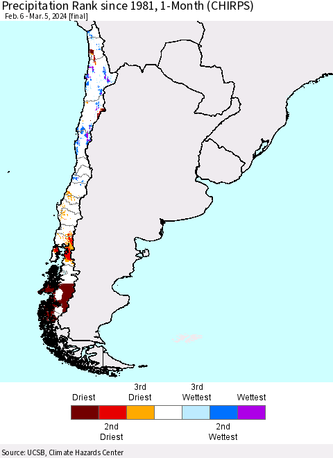 Chile Precipitation Rank since 1981, 1-Month (CHIRPS) Thematic Map For 2/6/2024 - 3/5/2024