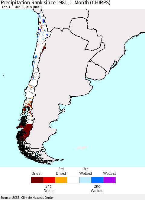 Chile Precipitation Rank since 1981, 1-Month (CHIRPS) Thematic Map For 2/11/2024 - 3/10/2024