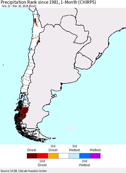 Chile Precipitation Rank since 1981, 1-Month (CHIRPS) Thematic Map For 2/21/2024 - 3/20/2024